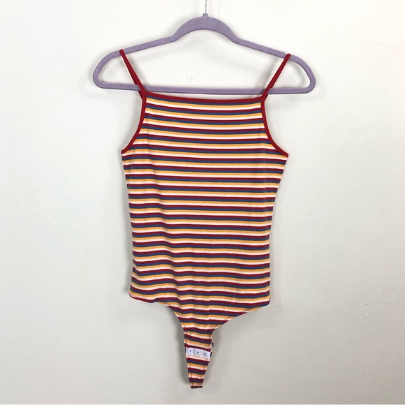 Madewell Ribbed Spaghetti Strap Snap Thong Tank Bodysuit Rainbow Stripe Medium - Picture 10 of 10
